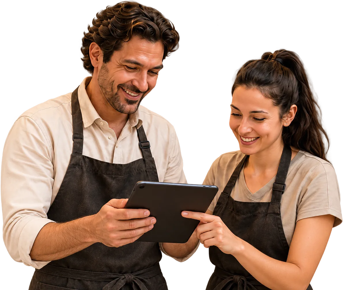 Los dueños de un negocio revisando juntos el sistema en una tablet